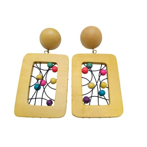 Estate Jewelry - Vintage 1980s Yellow Wooden Rectangle Earrings With Colorful Bead Accents